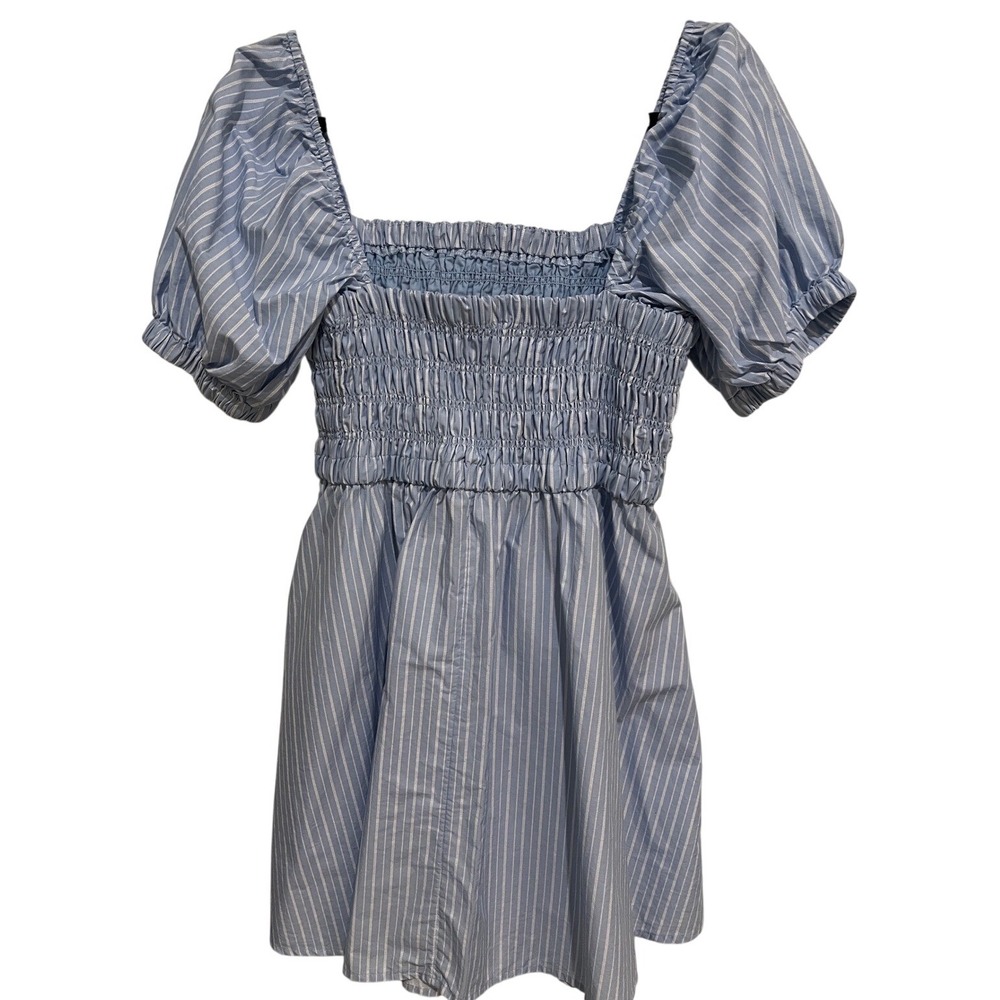 Celebrity Pink Womens XL Blue White Striped Smocked Puff Sleeve Mini Dress - Picture 2 of 9